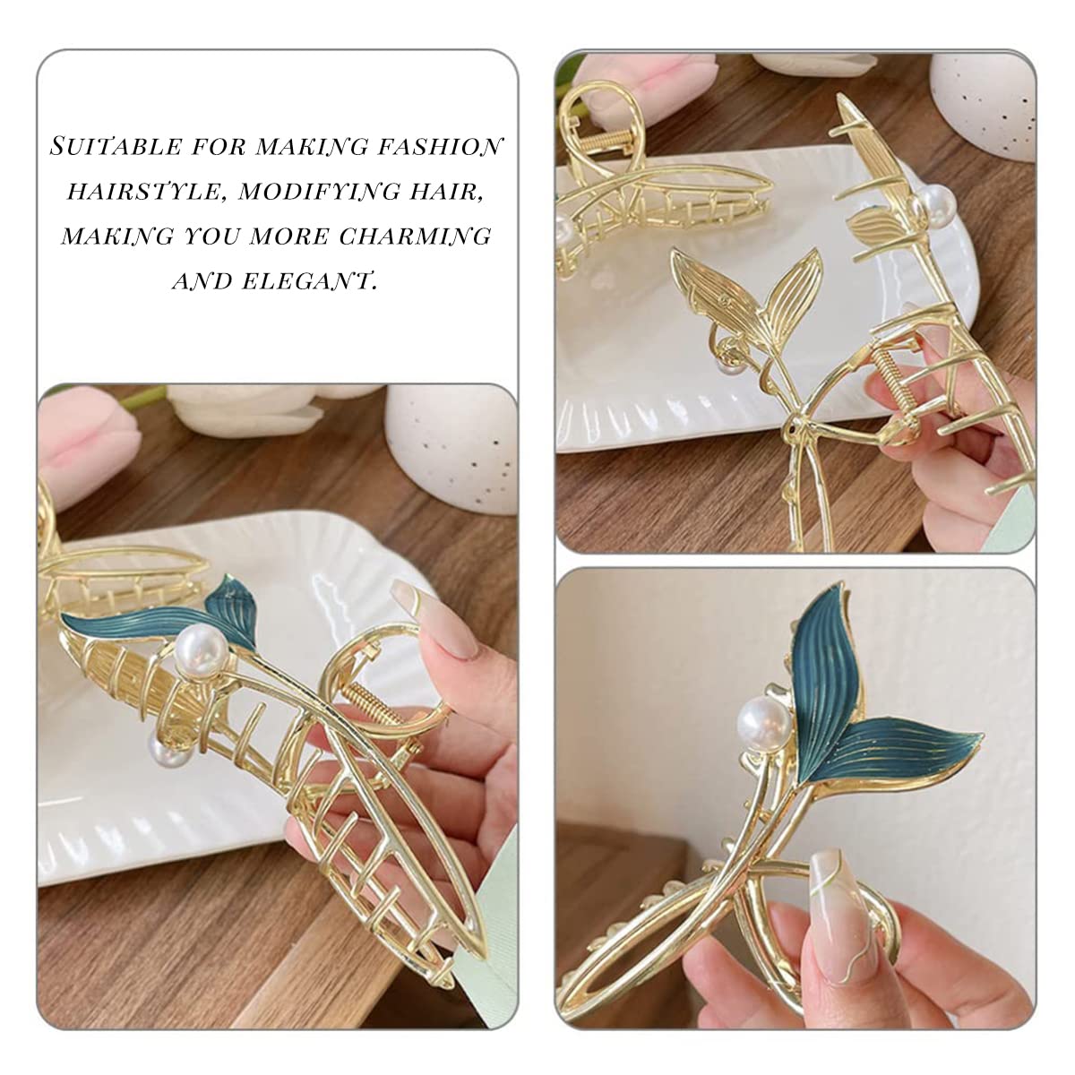 PALAY Hair Claw Clip for Women Large Stylish Mermaid Pearl Hair Clip Clutcher Ladies Non-Slip Metal Hair Jaw Clips, Strong Hold Elegant Bun Hair Styling Clamp Hair Accessories Gift