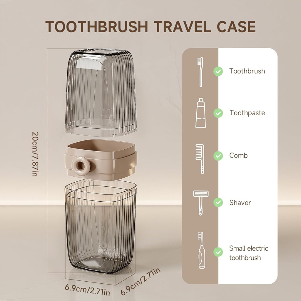 HASTHIP® Toothbrush Travel Case, 2 in 1 Tooth Brush Holder and Rinse Cup, Large Capacity Toothbrush Cup with Cover for Traveling, Camping, Trip - Beige & Clear