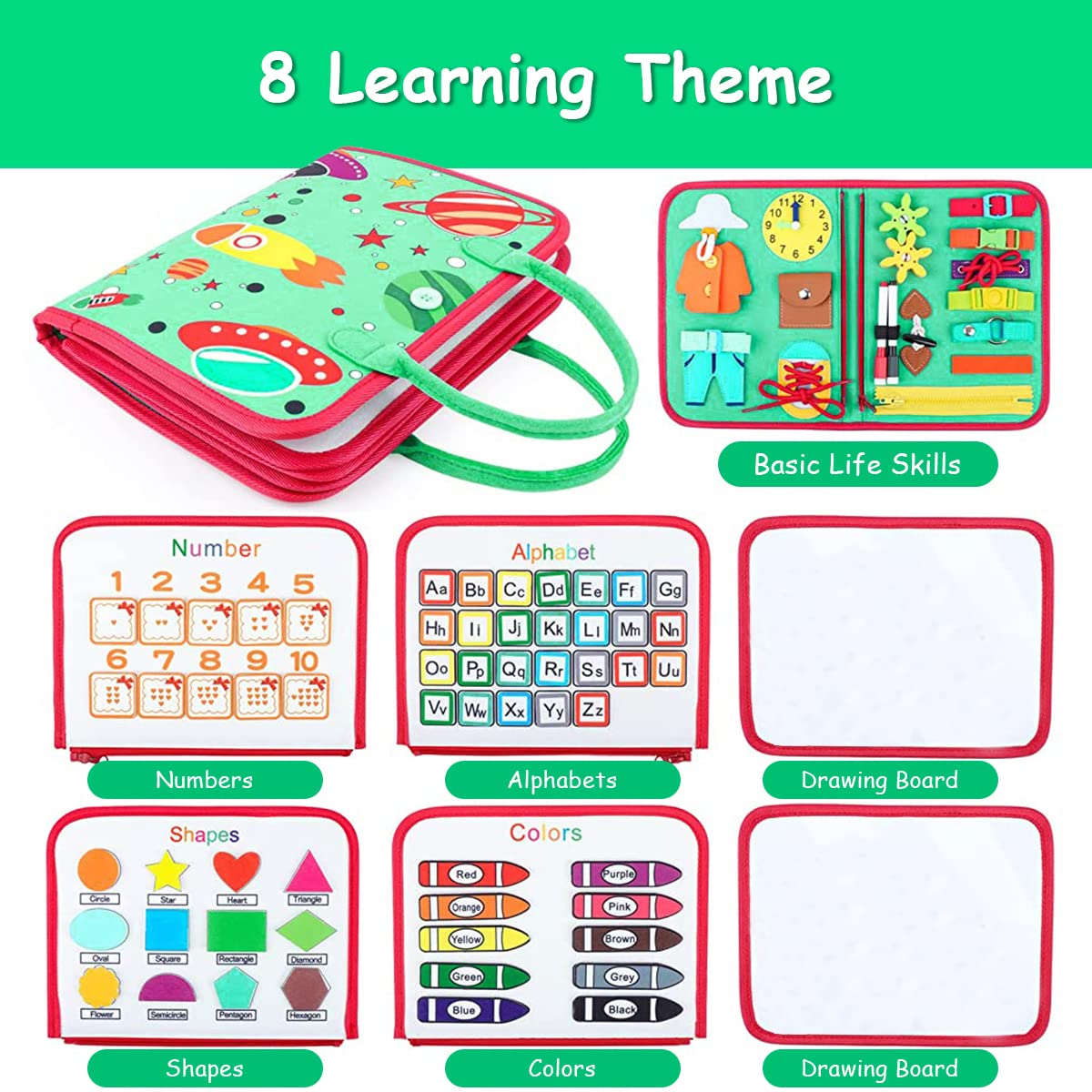 PATPAT Busy Board for Toddlers 1-3, Upgrade Montessori Toy for Develop Basic Skills, 8 Themes in 1 Educational Toy for 1 2 3 4 Year Kids, Parent-Kids Activity Toy, Bag Design for Airplane Car Travel