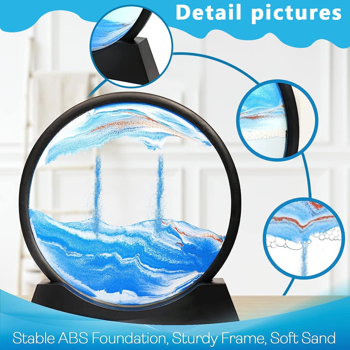HASTHIP Moving Sand Art Picture Glass Liquid Painting, 3D Deep Sea Sandscape in Motion Display Flowing Sand Frame, Kid's Large Desktop Sand Art Toys, Relaxing Home and Office Decorations, Blue