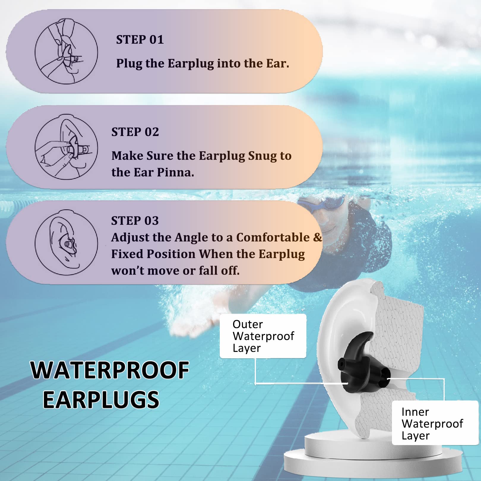 ZIBUYU Swimming Ear plugs for Men & Women Waterproof Silicone Ear Plugs for Swimming Soft Swim Earplugs with Storage Case Reusable Ear Plugs for Swimming adult, Surfing, Snorkeling - 3 Pair