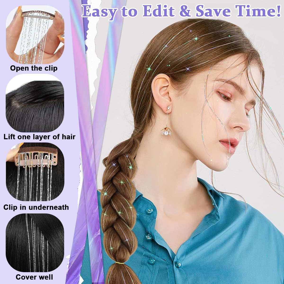 MAYCREATE 6pcs Hair Tinsel Hair Extensions for Women Girls Glitter Clip-in Fairy Hair Tinsels Sparkling Tinsel for Party Festival Cosplay - 20inch, Silver