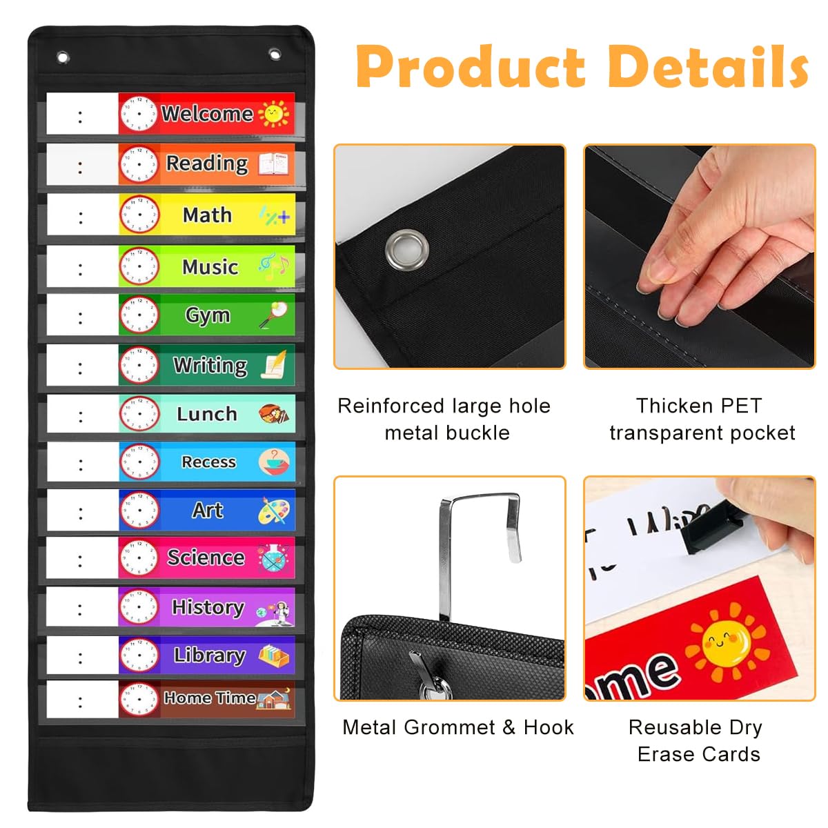 Climberty 13-Pocket Wall Hanging Classroom Schedule Chart with Color-Coded Subject Labels, Reusable Daily Class Schedule Reminder for Classroom Office Home Preschool Learning