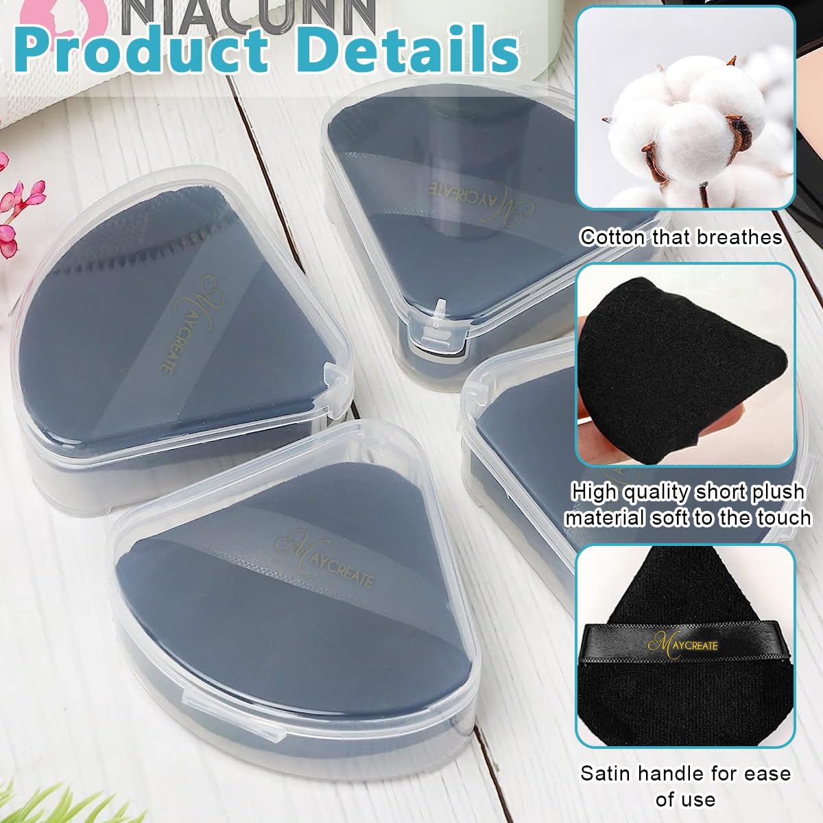 MAYCREATE 4pcs Triangle Powder Puff Makeup Sponge Puff with Case, Soft Cosmetic Face Makeup Puff for Loose Powder - Reusable, Skin-Friendly, Wet and Dry Use (Black)