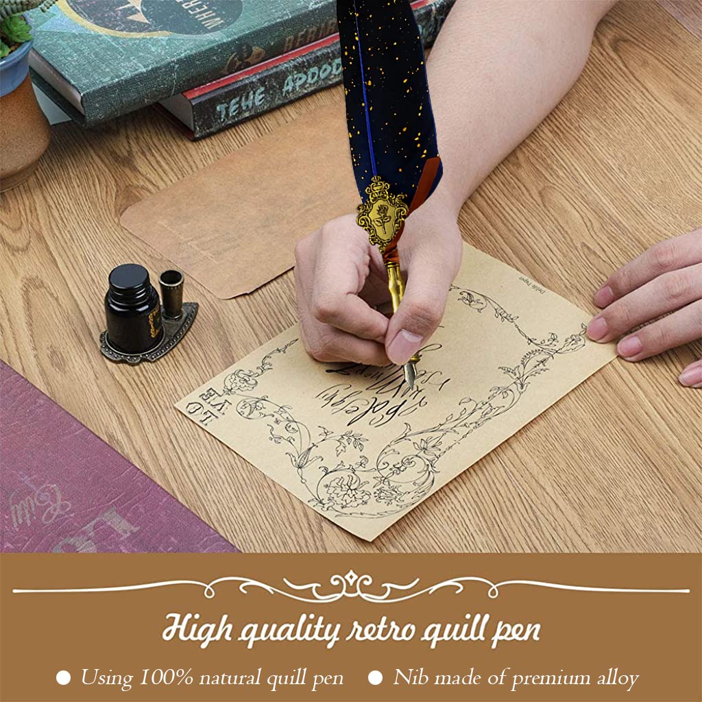HASTHIP Feather Pen Set, Mechanical Style Metal Nibs Feather Fountain Pen with Ink, 5 Replacement Nibs Set, Luxury Antique Calligraphy Writing Dip Pen for Gift, Decor (Blue)