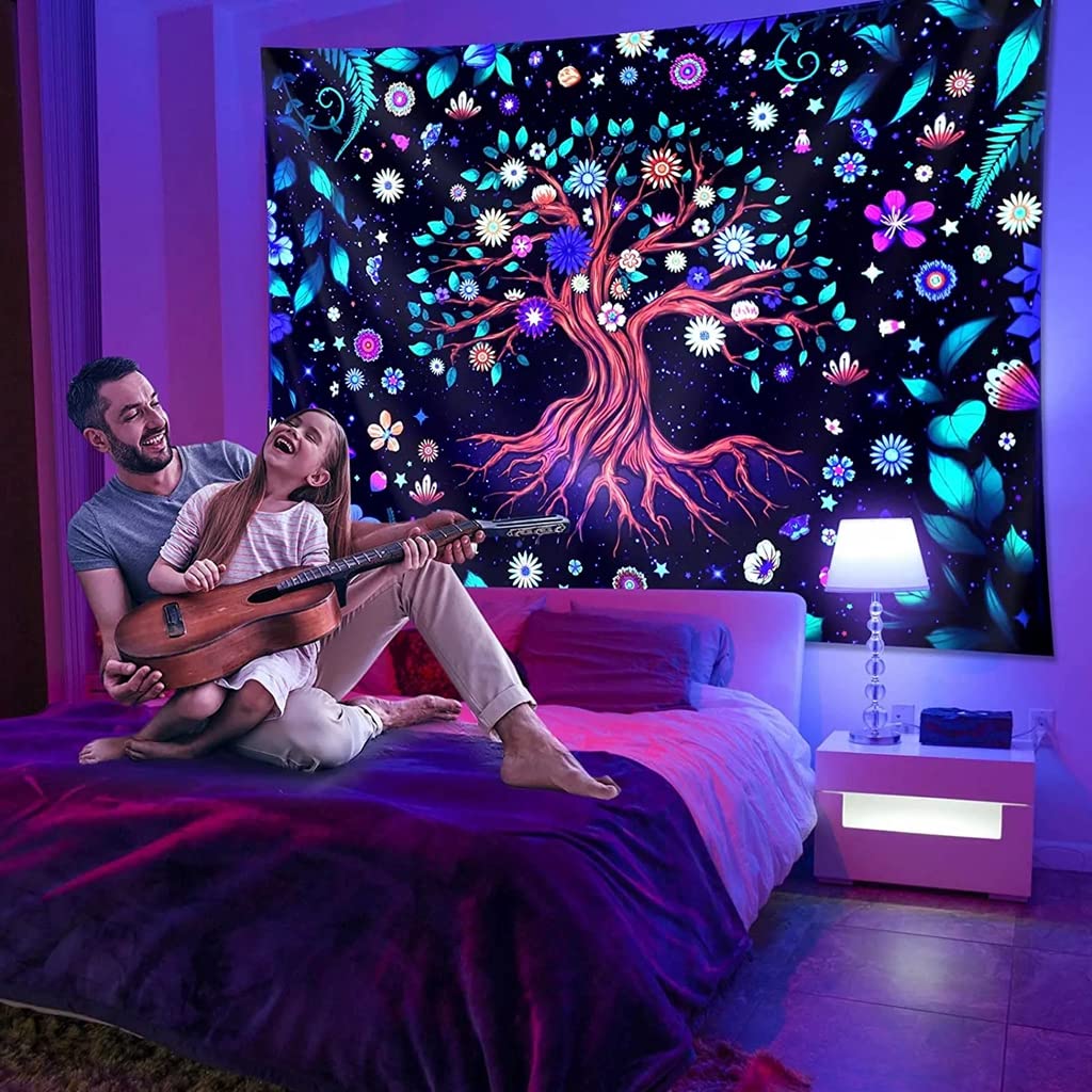 HASTHIP UV Luminous Tree of Life Tapestry, Fantastic Flowers Tapestry Glow In The Dark, UV Reactive Black Light Tapestries Posters Wall Hanging for Bedroom Dorm Living Room Decor (51inch x 59inch)