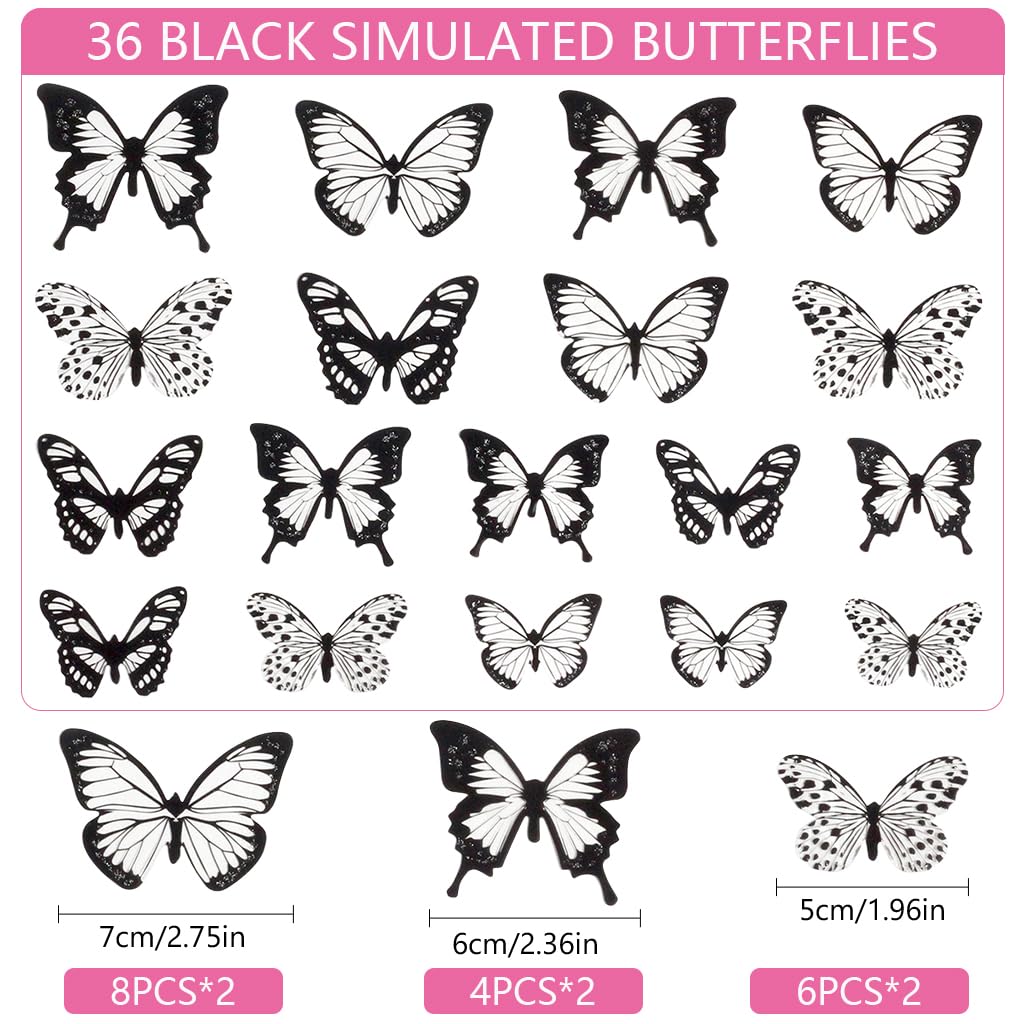 HASTHIP 36Pcs 3D Butterfly Wall Stickers Decor Removable Butterfly Stickers PVC Black and White Butterfly Decals DIY Decorative Wall Art Crafts for Baby Room Home Decor Refrigerator Decoration