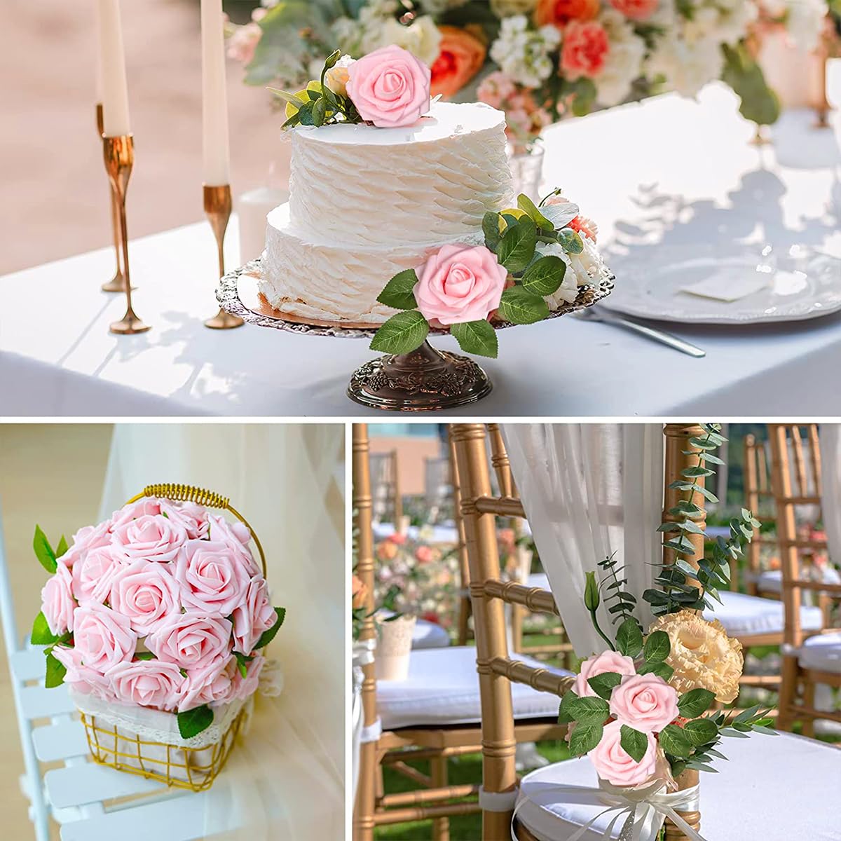 HASTHIP 25pcs Roses Artificial Flowers Box Set, Foam Pink Fake Roses with Stems for DIY Wedding Bouquets Centerpieces Arrangements Party Baby Shower Home Decorations