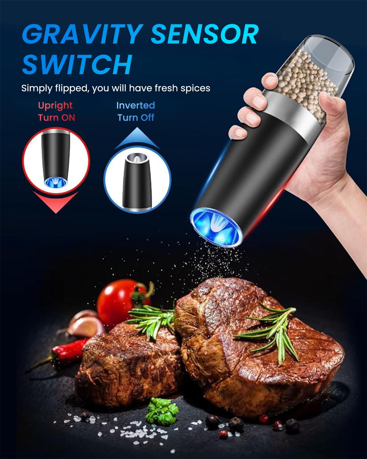 Supvox Gravity-Operated Electric Black Pepper/Salt Mill with Ceramic Core & LED Light, Adjustable Coarse Setting, Stainless Steel, Ideal for Kitchen & Dining, Battery-Operated (Not Included) - Black