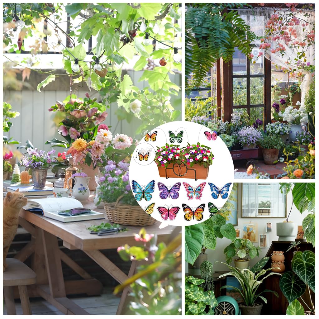 PATPAT 8 Pcs DIY Diamond Painting Butterfly Kit Swaying in The Wind Diamond Butterfly Decoration for Home Decoration Garden Decoration Diamond Butterfly for Flower Pots, Green Pots