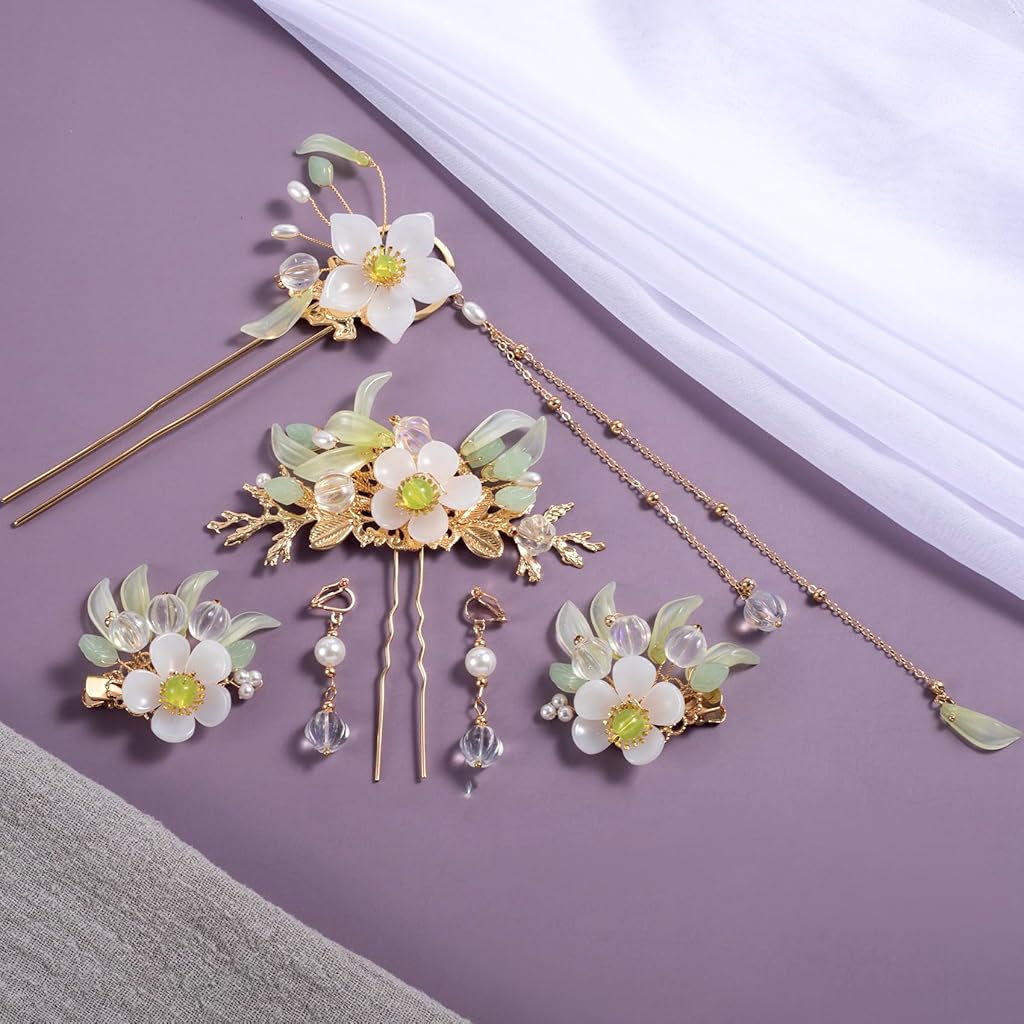 SANNIDHI® 6PCS Lily Flower Tassels Hairpin, Crystal Rhinestone Pearl Hair Clips Headpiece Retro Brides Valentines Hair Accessories Jewelry for Women Girls Updo Long Hairs