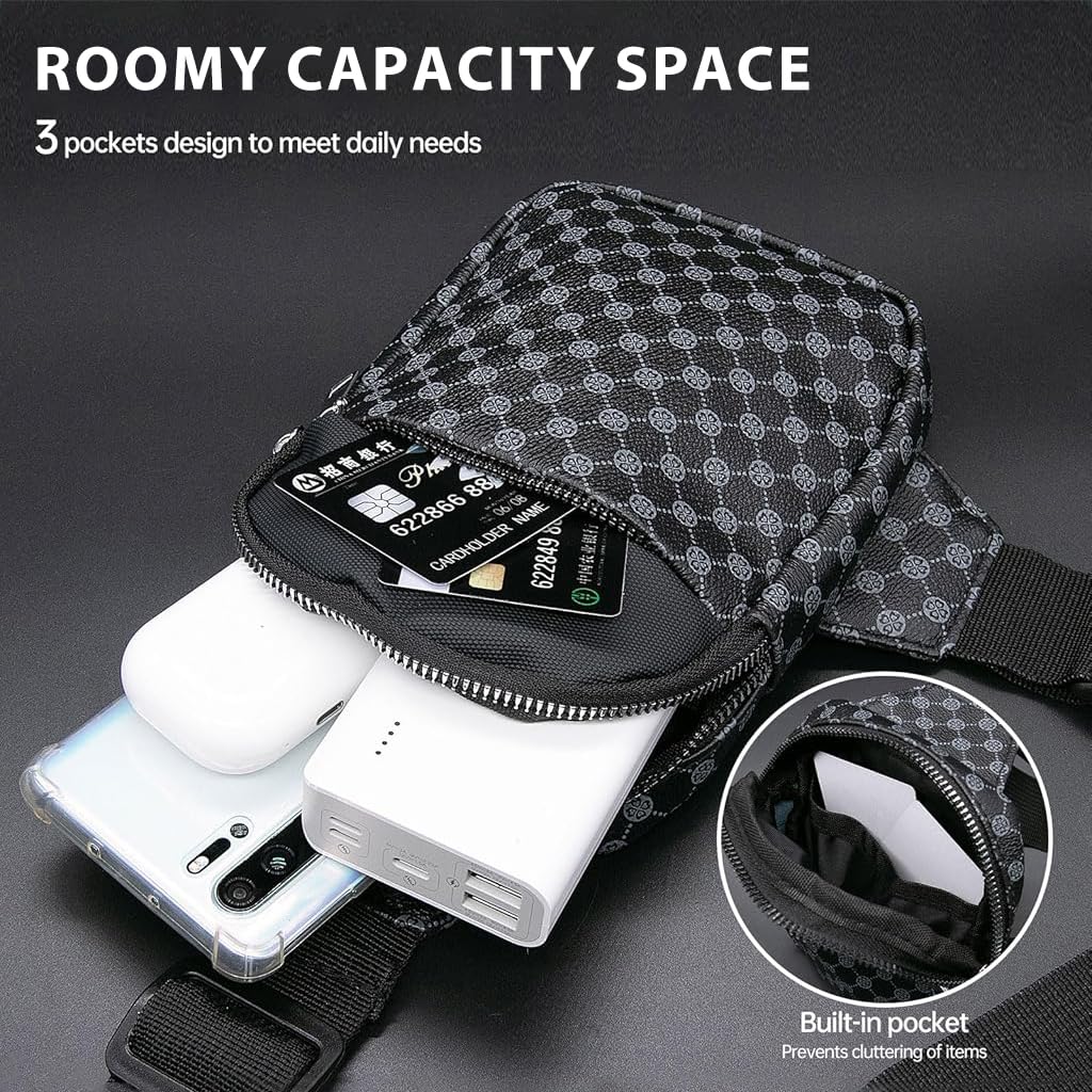 GUSTAVE Small Chest Bag Men's Phone Sling Bag Casual Crossbody Bag Double Layer Fashion Print PU Leather Chest Bag Shoulder Bag Crossbody Phone Bag Travel Phone Bag, 13x5x19cm