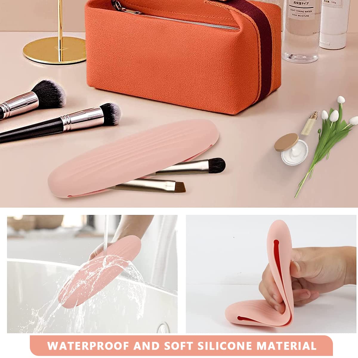 MAYCREATE Makeup Brush Holder Travel Silicone Cosmetic Face Brushes Holder, Portable Soft and Sleek Makeup Brush Organizer Pouch Tools (Pink)