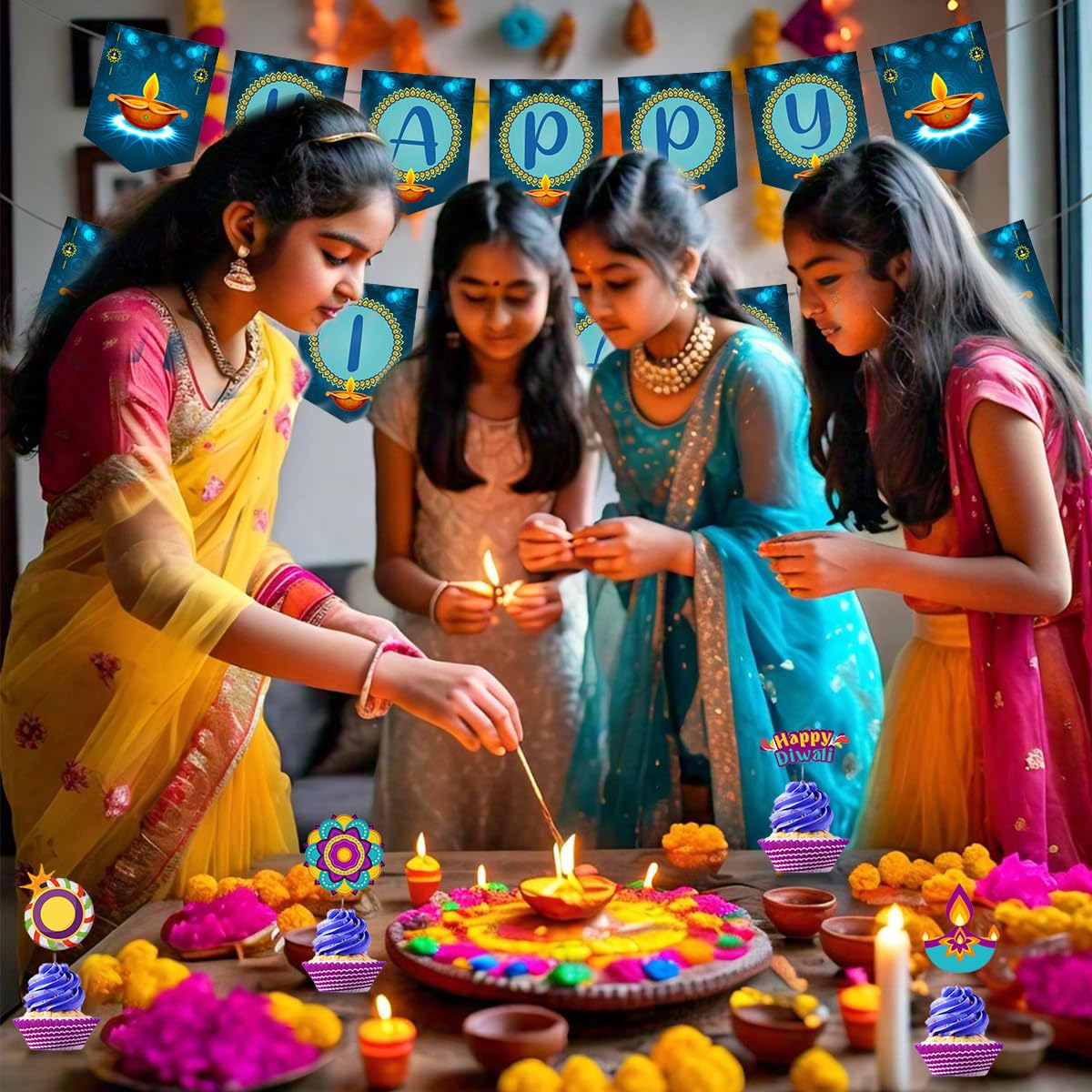 HASTHIP Happy Diwali Banner and Diwali Decorations Hanging, Wall Decoration Bunting Banner, Cake & Cupcake Toppers, Hanging Diwali Decor for Deepavali Diwali Festival Themed Light Party Decor Favor