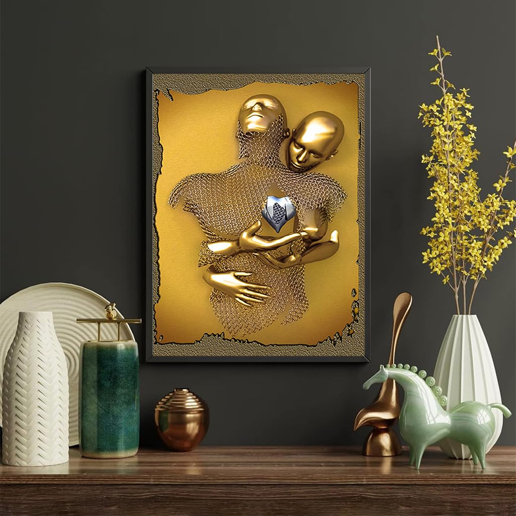 HASTHIP 3D Painting Metal Figure Statue Art Couple Love Heart Kiss Pictures Wall Art Canvas Print Poster Drawing Decor for Home Living Room Bedroom Office - Without Frame (30x40cm) Heart