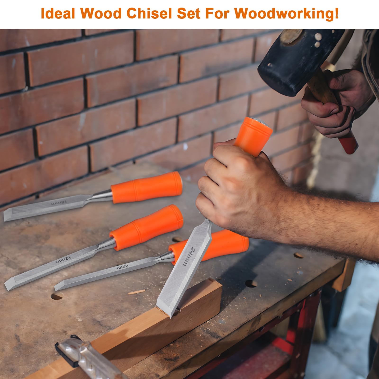 Serplex 4Pcs Woodwork Chisel Set Mortise Chisels Tools Set, Wood Chisels for Woodworking with Steel Hammer End, Wood Tools Chisel Set Woodworking with Anti-slip Handle, 6mm, 12mm, 18mm, 24mm