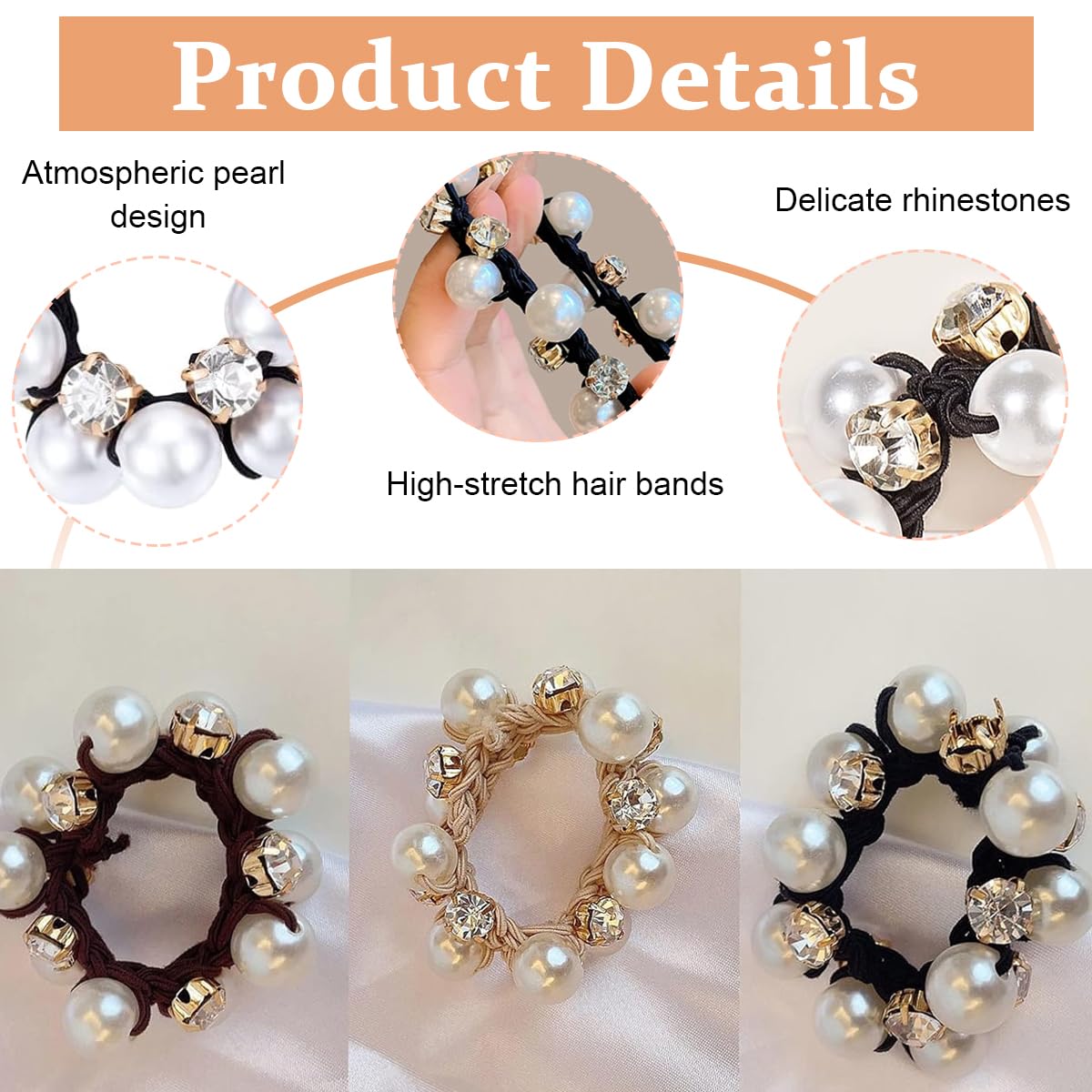 PALAY 3 Pcs Pearl Hair Ties Ropes, Crystal Elastic Hair Scrunchies for Women Girls, Stylish Ponytail Holder, Stretchy Handmade Bead Bands Hair Bun Accessories
