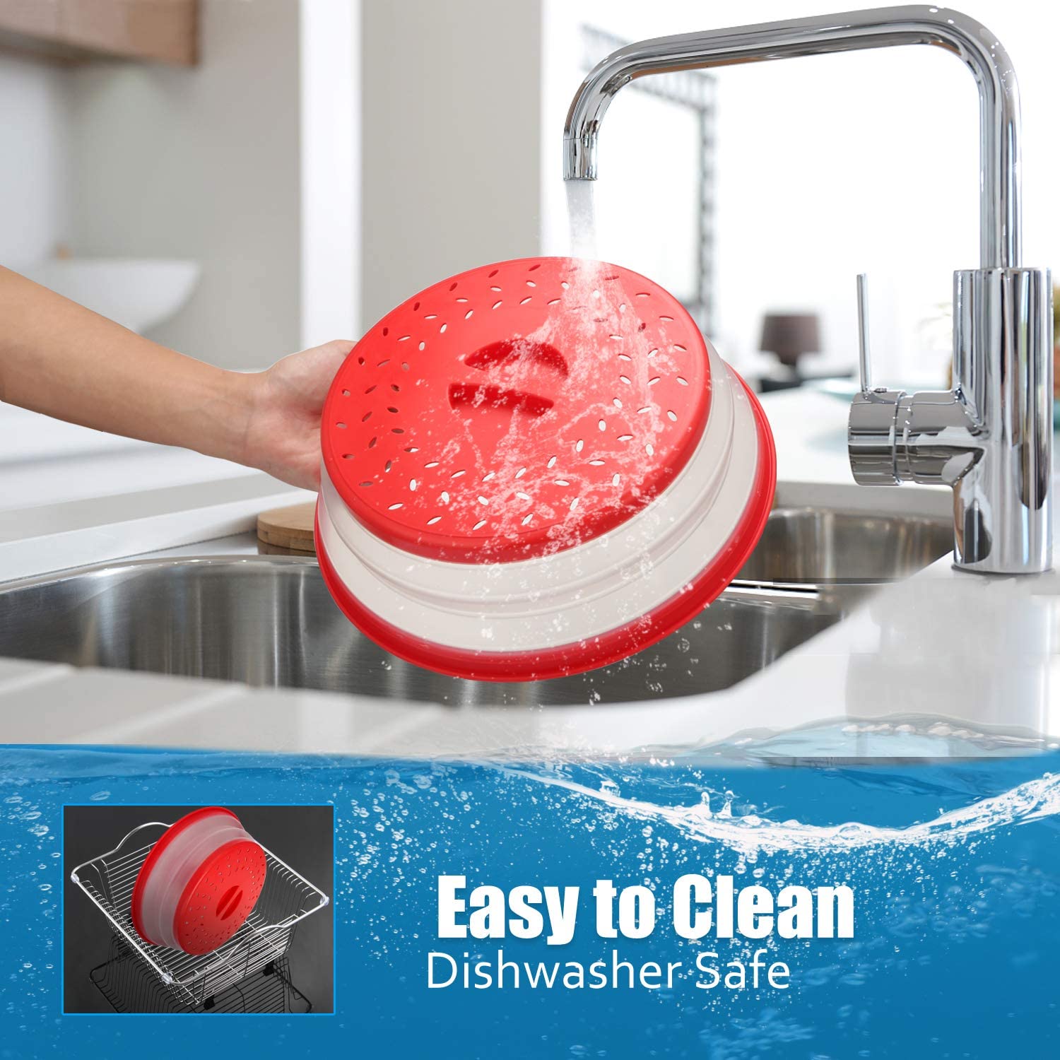 HASTHIP 10.5 inch Microwave Plate Cover, Collapsible Food Plate Lid with Top Steam Vent and Gripper, Strainer for Fruit, Microwave Lid Food Splatter Cover, BPA Free, Microwave Safe Material (Red)