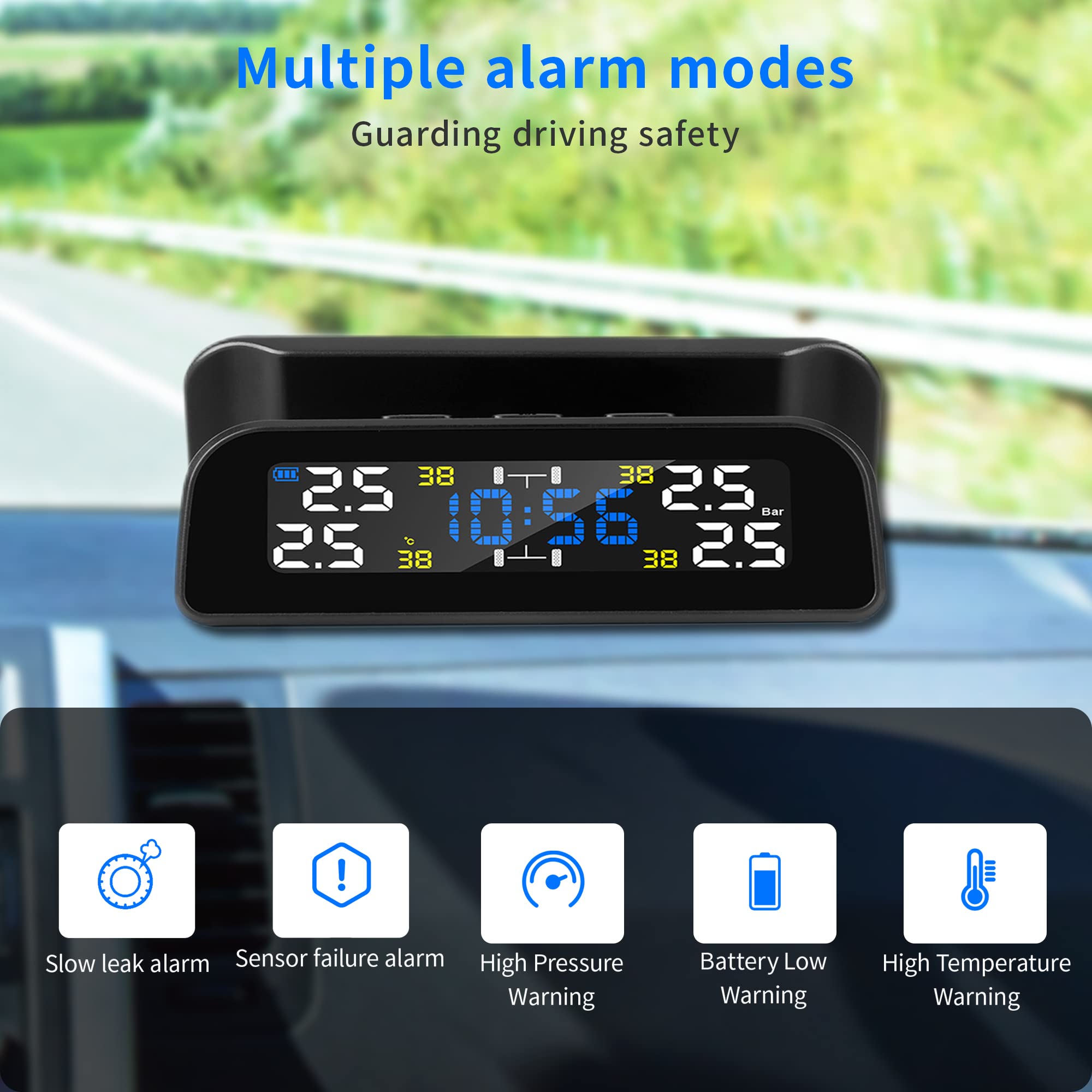 STHIRA Tyre Pressure Monitor Tpms For Cars, Solar Car Tyre Pressure Monitoring System For Car With 4 External Sensors, Tire Pressure Monitor With 3 Digital Accrate Real-Time LCD Display, 0-51PSI