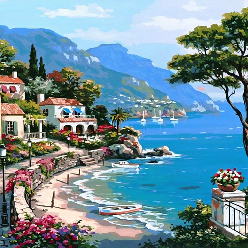 HASTHIP® 2 Pcs Diy Mediterranean Style Digital Painting By Numbers Kit, Linen Canvas, Unframed, 50x40cm, Multicolour, For Bedroom Living Room Wall Art, Drawing Learning