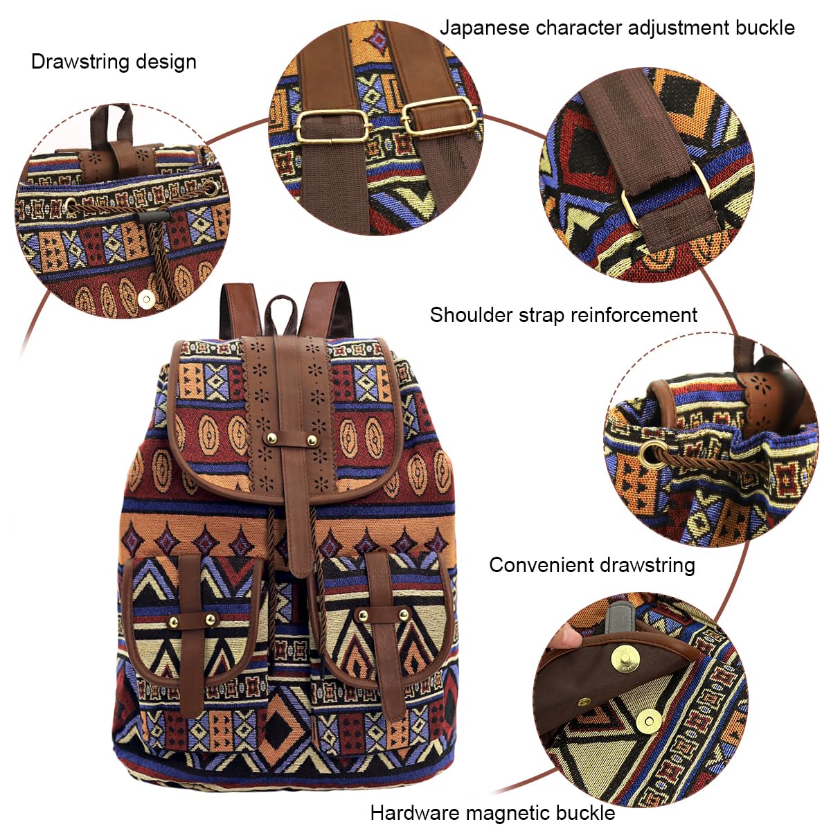 PALAY Women Backpack Bag Fashion Jacquard Print Backpack Travel Drawstring Backpack Premium Polyester Backpack Large Travel Bag School Bag Travel Backpack Book Bag