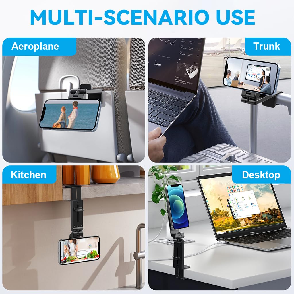 ZORBES Desk Phone Holder 360 ° Rotatable Magnetic Phone Holder Adaptable Phone Holder Clamp-On Folding Travel Phone Holder for Desk, Airplane Seat Tray, Car Seat, Luggage Pull Handle