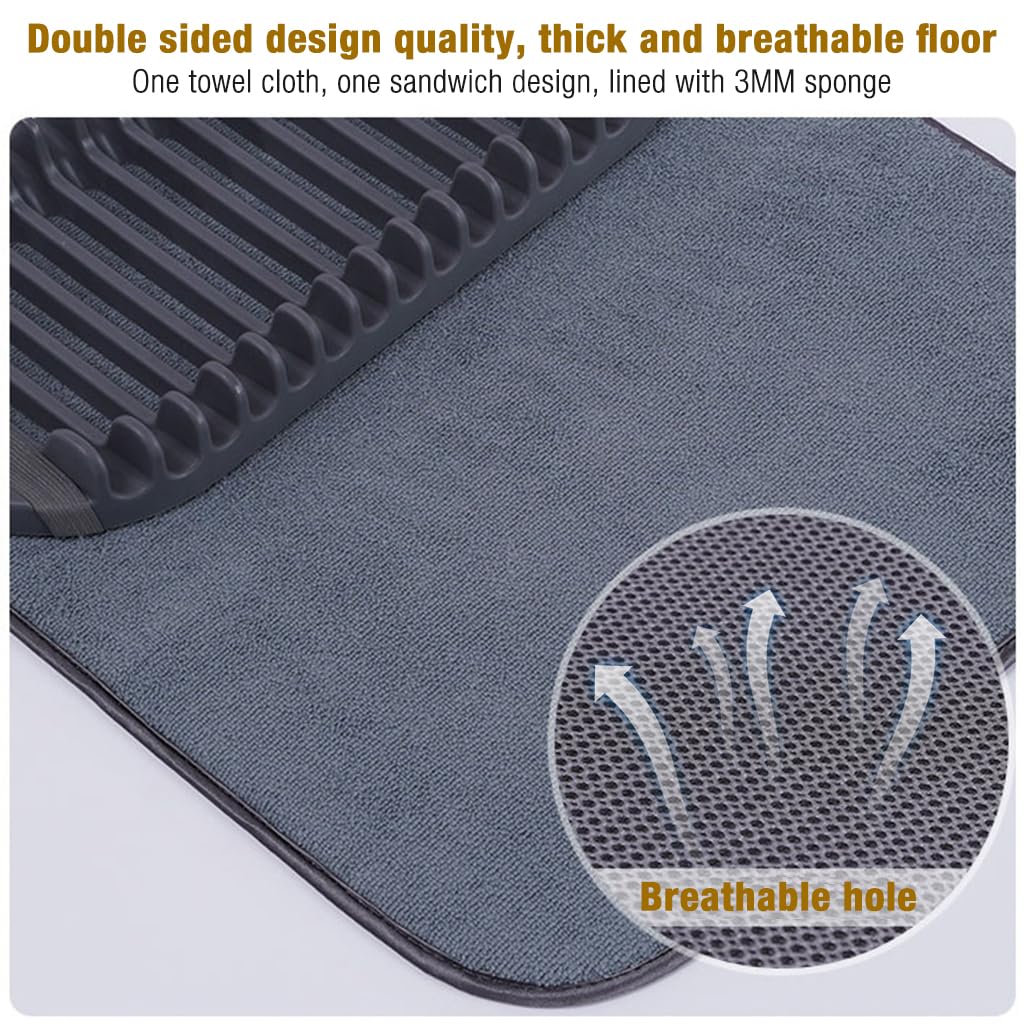 HASTHIP Rack and Microfiber Dish Drying Mat, Removable Dish Rack Tray, Dish Rack & Drying Mat for Kitchen Countertop, Sink - Drain and Dry Wine Glasses, Bowls and Dishes