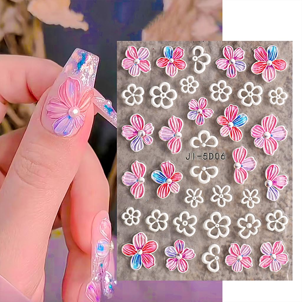 MAYCREATE 5 Sheets Nail Art Decor Stickers 3D Embossed Flower Charms for Nail Art 5 Styles Flower Nail Charm Sticker for DIY Nail Extension Self-Adhesive Nail Art Decals