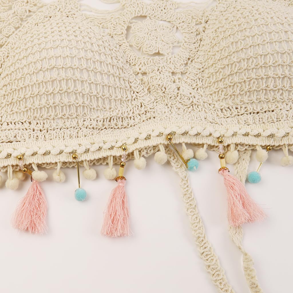 PALAY Women's Summer Beach Backless Crochet Halter Bikini Crop Top Crochet Hollow Out Tassle Embroidery Knit Boho Beachwear