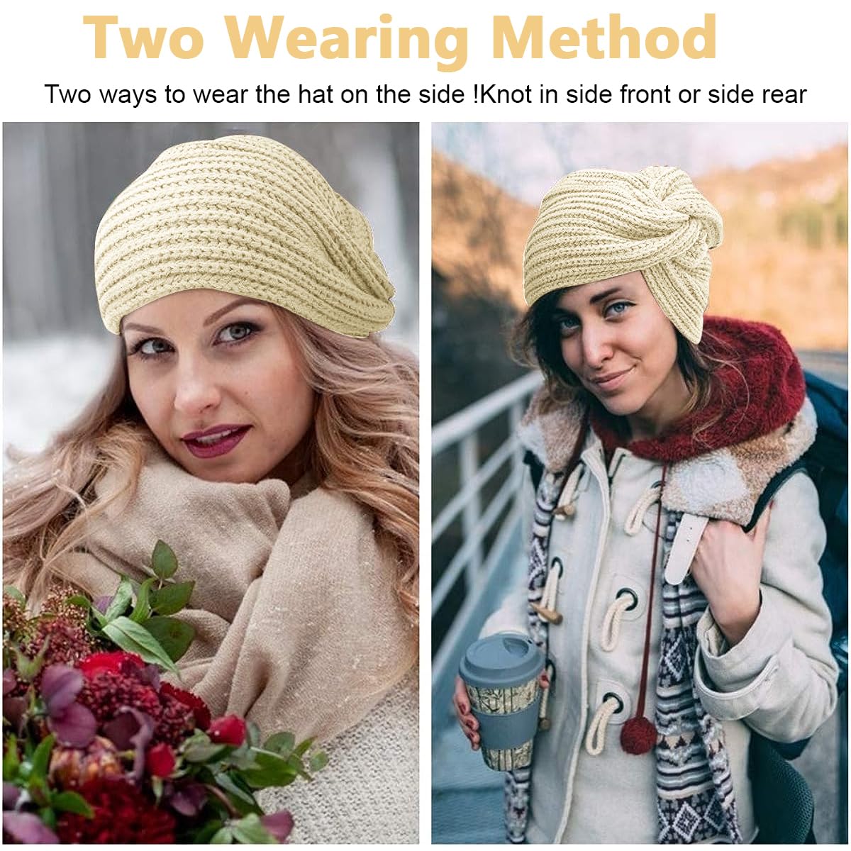 PALAY Turban Cap Winter Cap for Women Woolen Cap for Women Winter Warm Caps Fashion Knitting Hat Stretchy Knitting Couple Cap Crochet Cap Gift Winter Clothes for Women (Beige)