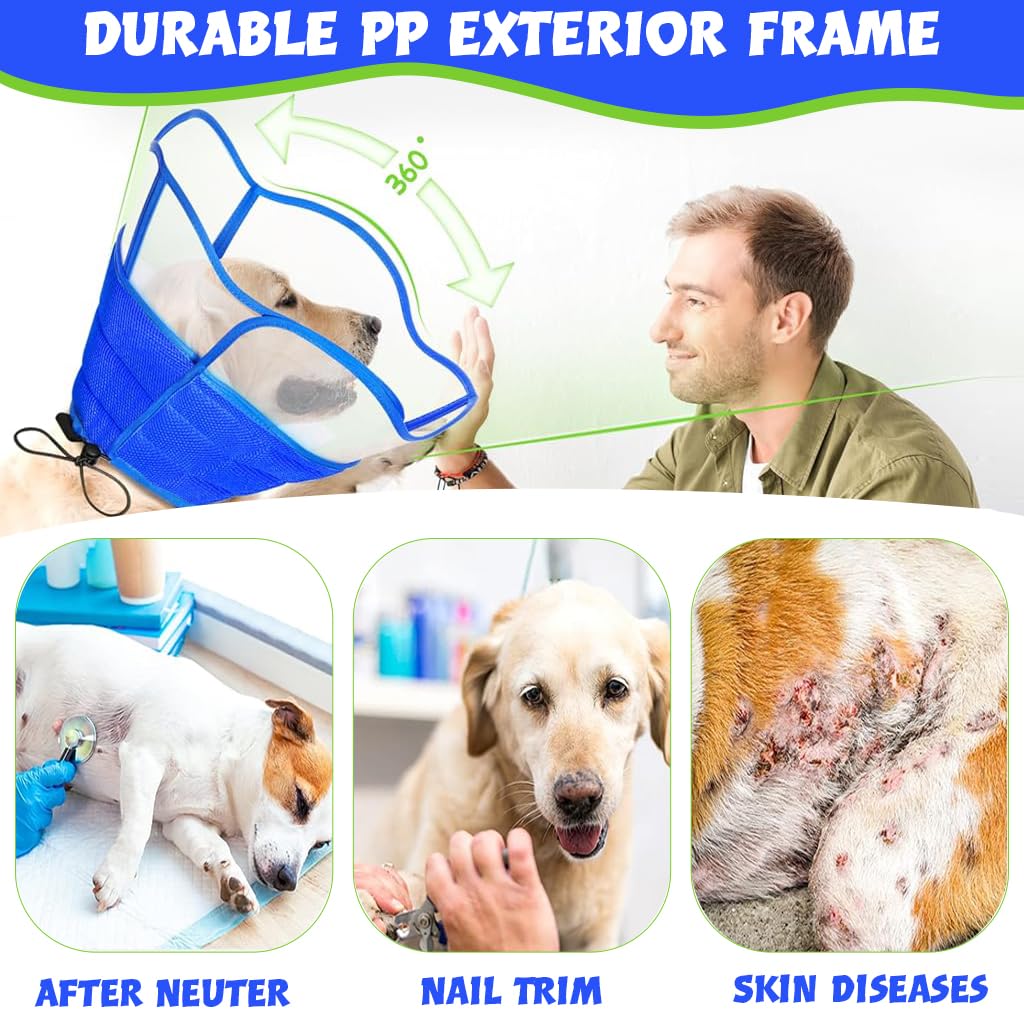 Qpets Dog Cone Collar, Breathable Soft Dog Cones, After Surgery Recovery Dog Collar with Drawstring Adjustment for Head Neck Protection (L)