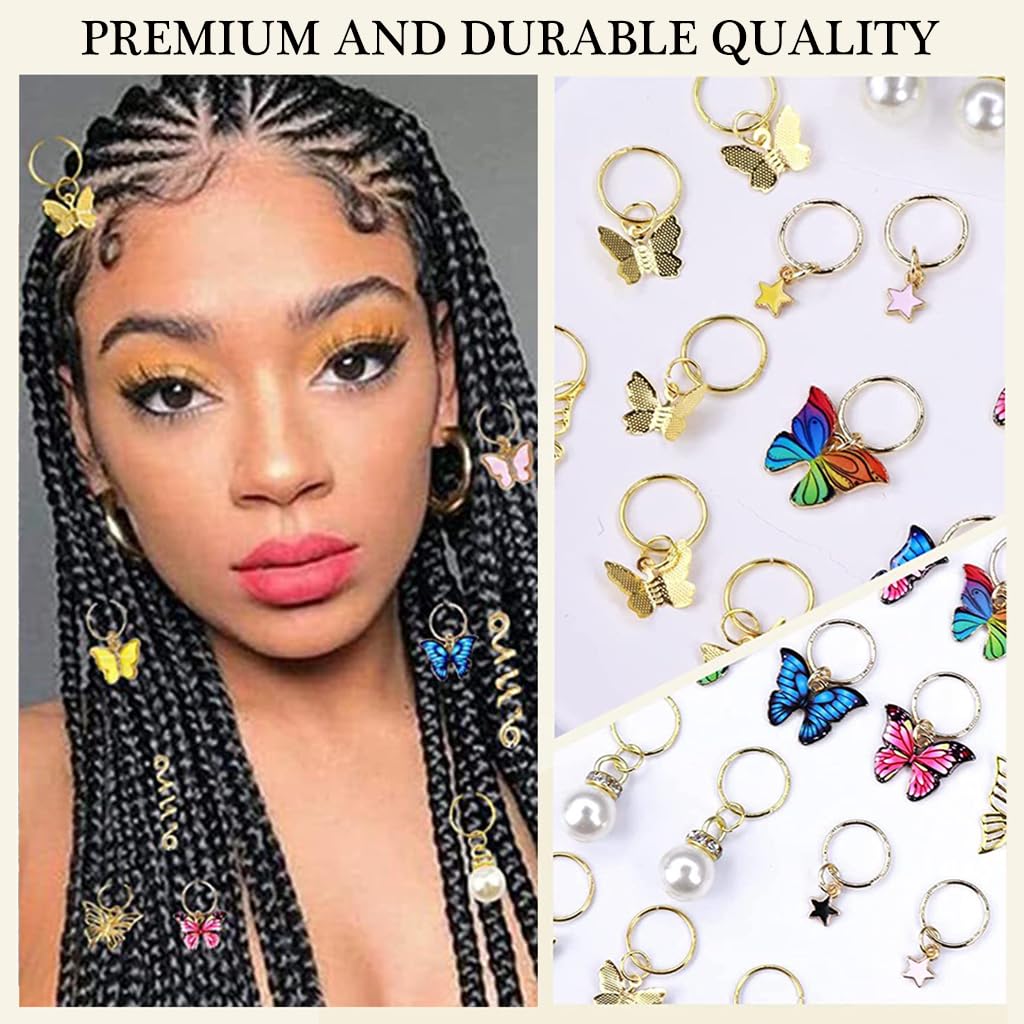 PALAY 20Pcs Butterfly Charms Hair Rings Butterfly Pendent Charms for Dreadlocks Girls Hair Accessories Butterfly Ring Charms Pearl Rings Charms for Braids Pendent Charms Hair Styling Accessories