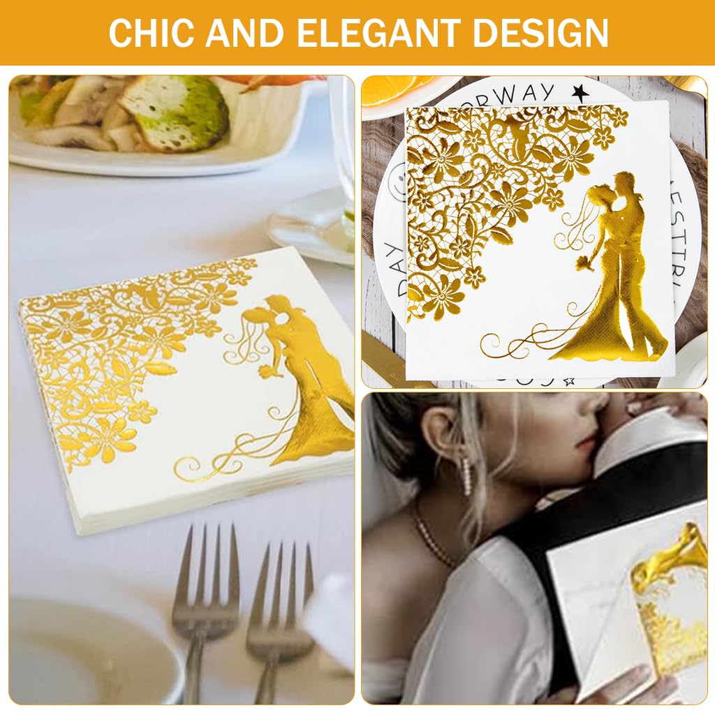 PATPAT 20Pcs Wedding Tissue Papers 12.9 inches Golden Embossing Couple Illustration Tissue Papers Wedding Table Setting Tissue Papers Romantic Tissue Paper Nature Wood Pulp Tissue Papers