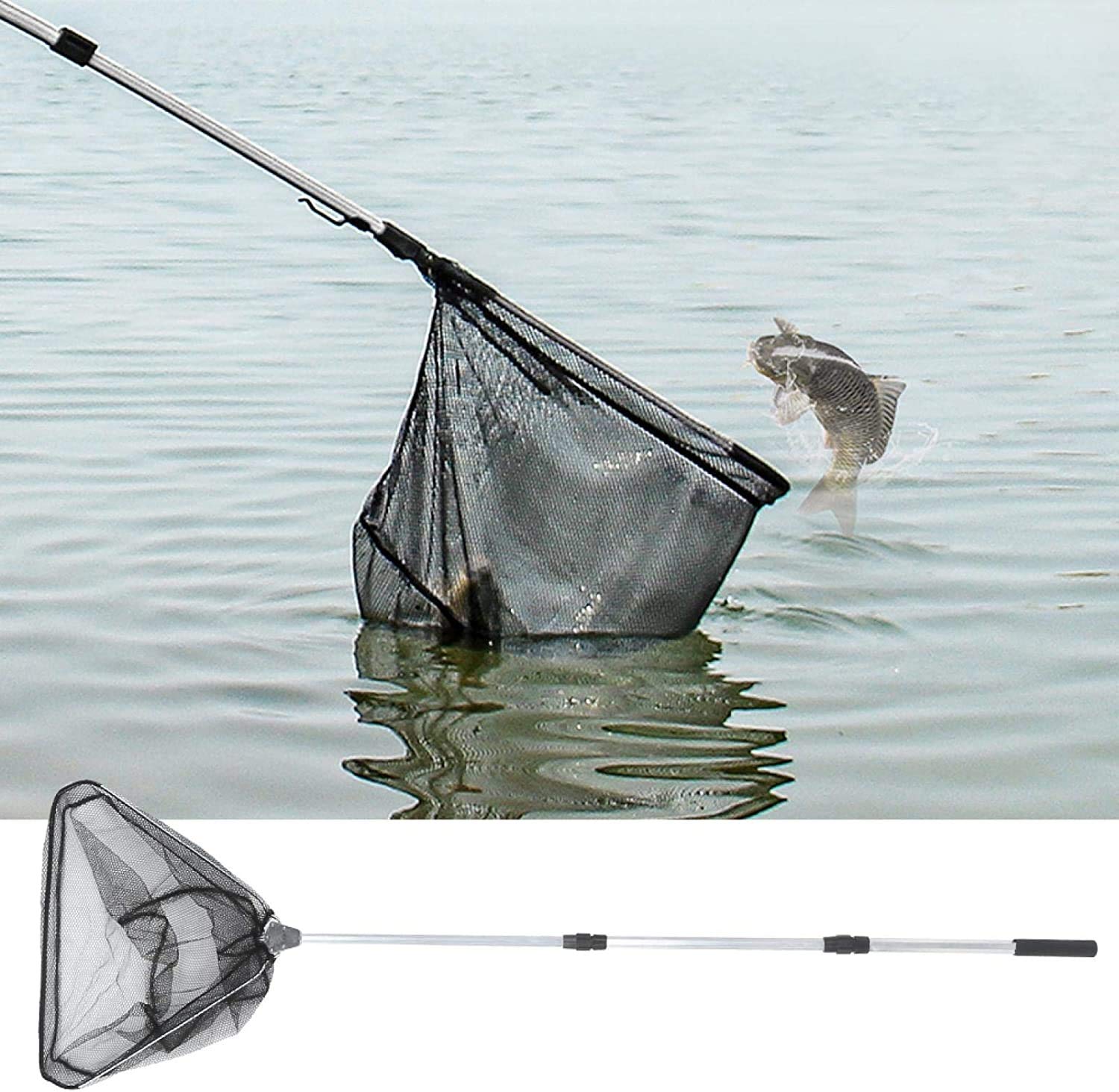 Proberos Retractable Fishing Net, Portable Aluminum Alloy Fishing Net Folding Triangle Wide Fishing Landing NetTelescopic Fishing Net Catcher for Fishing, Suitable for Fish Under 5 KG (0.9M)