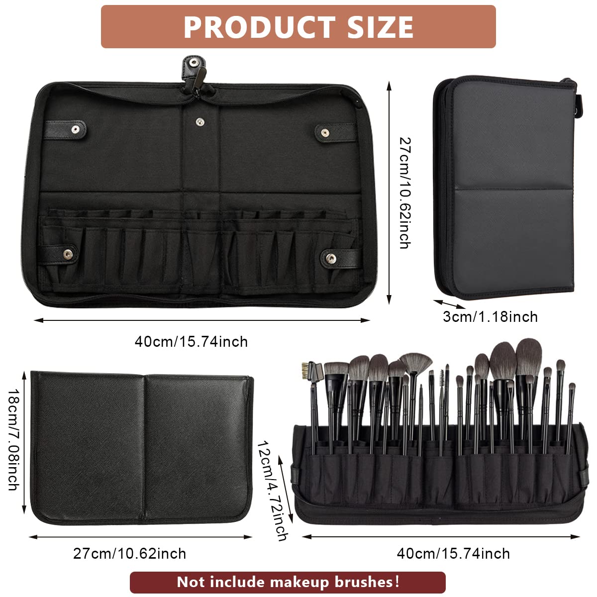 MAYCREATE Makeup Brush Holder Bag Travel Portable Makeup Brush Organizer Case Foldable Zipper Cosmetic Brush Storage Pouch Stand with 29 Elastic Pockets (Black)