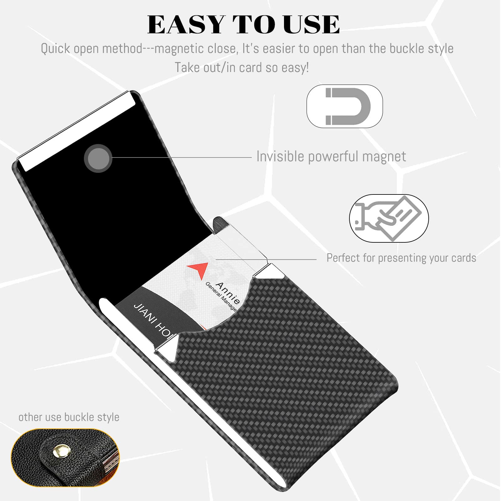 ZIBUYU Business Card Holder for Men Metal ID Card Holder Business Card Holder PU Leather Wallet Slim Card Case with Metal Cash Binder, 15 Cards - Black