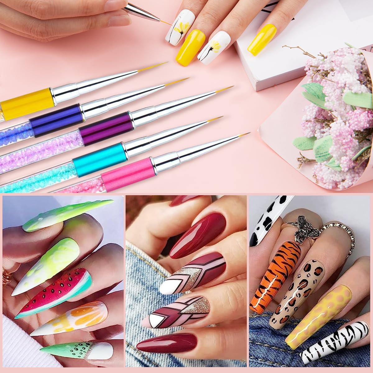 MAYCREATE 5 Pack Nail Art Brush Set, 3D Nail Liner Painting Brushes Pen DIY Dotting Drawing Manicure Tool with Rhinestone Handles, for Salon or Home Use, 7 9 11 14 19mm