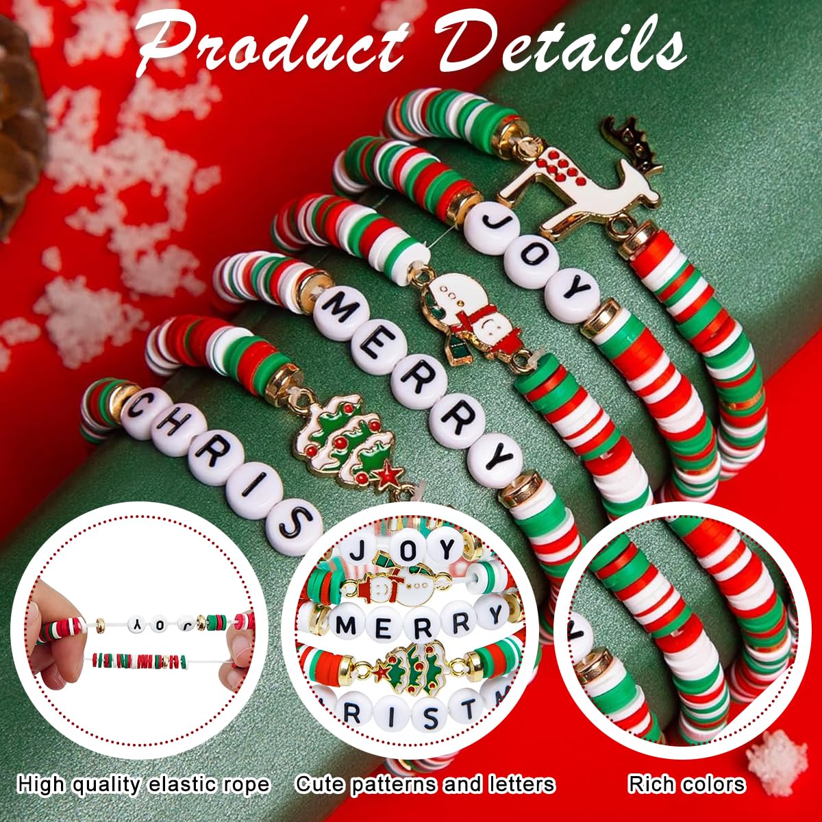 SANNIDHI® Christmas Bracelets Set of 6Pcs Colorful Clay Beads Bracelet Christmas Bracelet Chrismas Gift Bracelets Chrismas Beading Jewelry for Families, Sisters, Girls