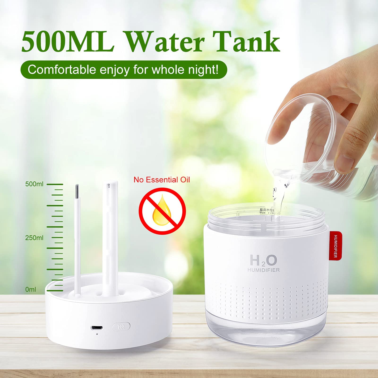 HANNEA 500ml Mini Silent Humidifier Household Car Humidifier Desktop Humidifier with Atmosphere Light Car Office Kids Room Bedroom Auto Shut-Off, 2 Spray Modes,LED (white)
