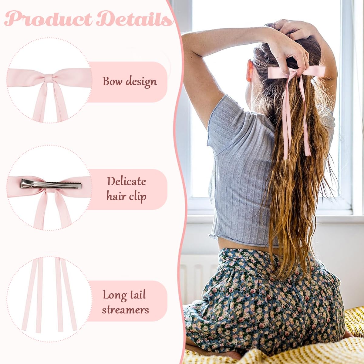PALAY 4Pcs Bow Clips for Women Girls Bowknot Hair Clip Tassel Ribbon Hair Bows for Women Long Tail Barrettes Hair Accessories for Ponytail, Fishtail Braid, Updo