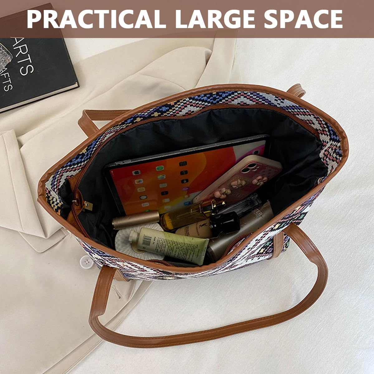 PALAY Tote Bags for Women Stylish Jacquard Print Handbags for Women With Zipper Closure Leather Shoulder Belt Large Capacity Shoulder Bag for Shopping, Commuting, School