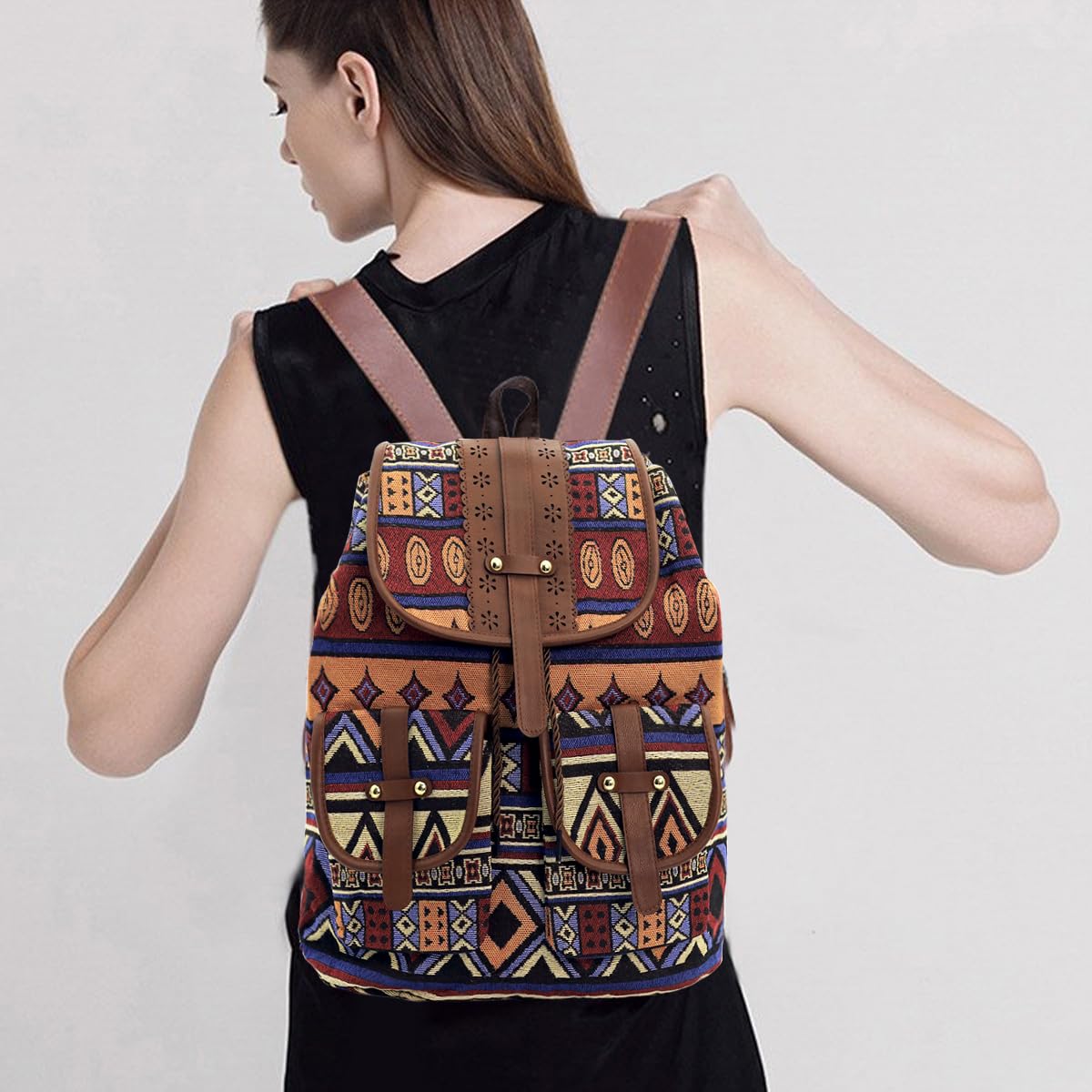 PALAY Women Backpack Bag Fashion Jacquard Print Backpack Travel Drawstring Backpack Premium Polyester Backpack Large Travel Bag School Bag Travel Backpack Book Bag