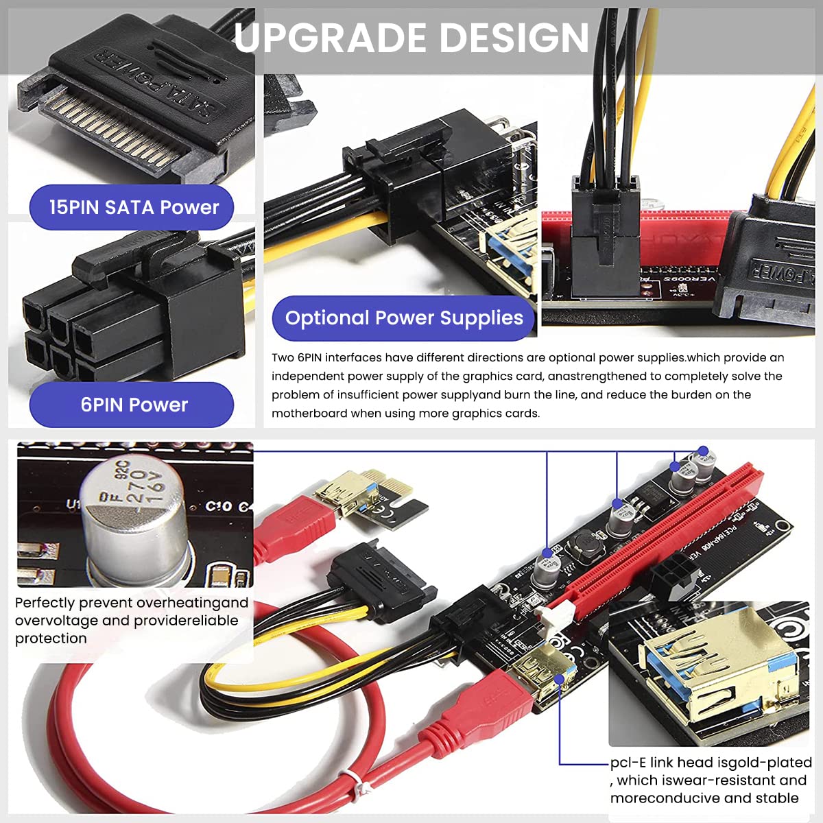 Verilux Pi+ VER009S Gold PCI-E 6Pin 1X to 16X Powered Pcie Riser Adapter Card & USB 3.0 Graphic Extension Cable GPU Riser Adapter-Mining Bitcoin, Ethereum ETH Zcash ZEC Monero XMR (VER009S 2 Pack)