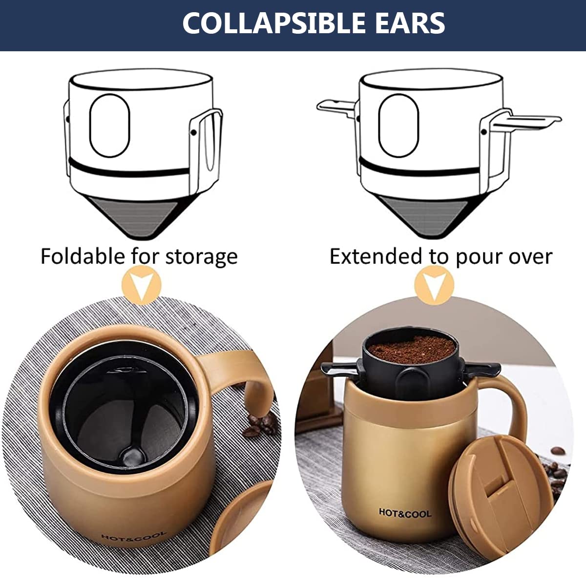 ZORBES Stainless Steel & Food Grade Plastic Foldable Double Mesh Pour Over Coffee Filter Maker with Bottom Cup,Coffee Dripper 100% Paperless to Fit Most Cup Keep Coffee Flavour Easy Use & Clean