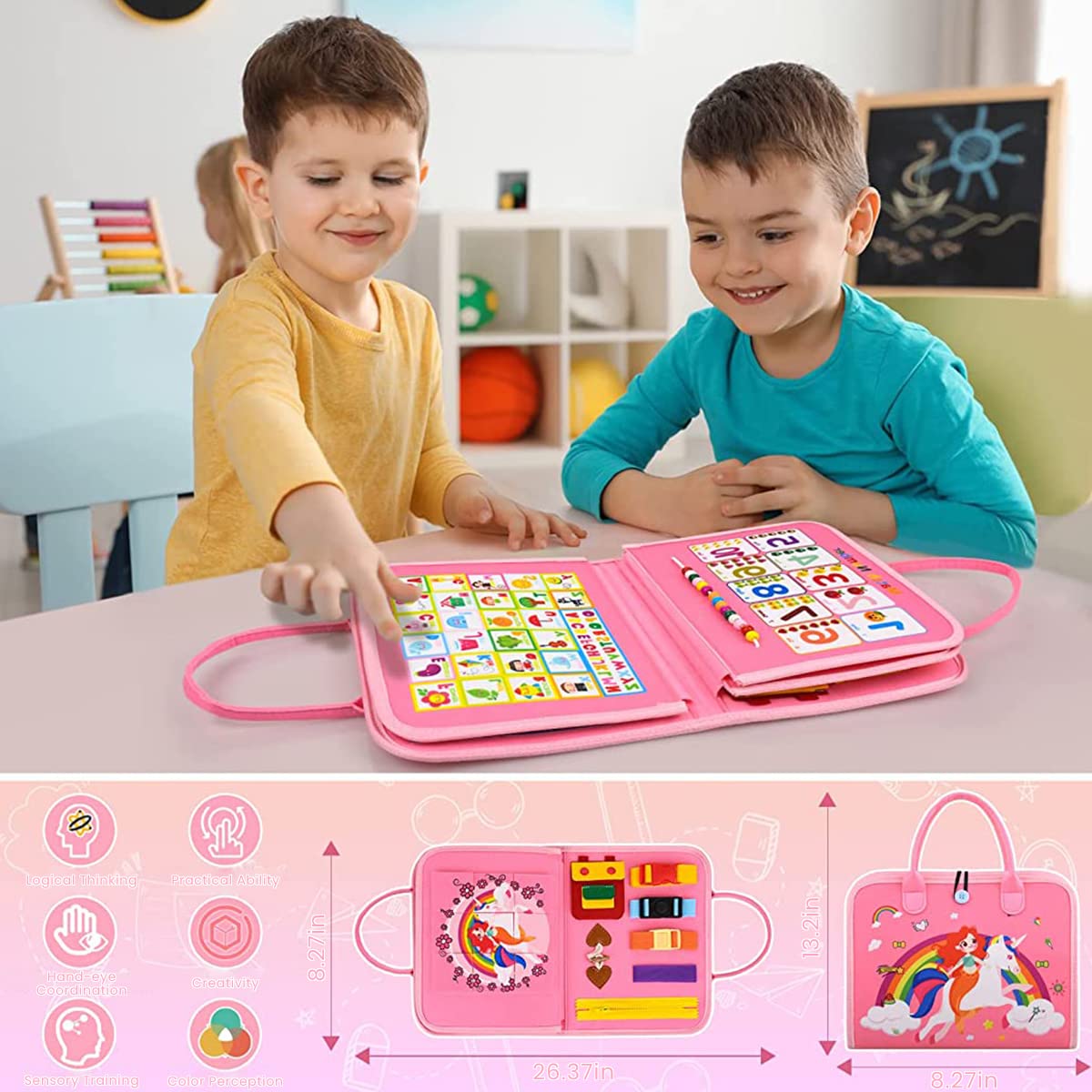 PATPAT Busy Board for Toddlers 2-4 Montessori Toys for Toddlers Preschool Life Skill Learning Toy Fine Motor Silll Learning Game Board, Rainbow Unicorn Travel Busy Board Toy Gift for Kids