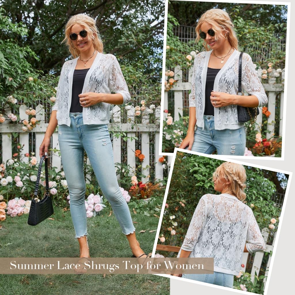 PALAY Womens Casual Summer Lace Cardigan Open Front 3/4 Sleeve Solid Crochet Bolero Jacket Lace Shrug Cover Up