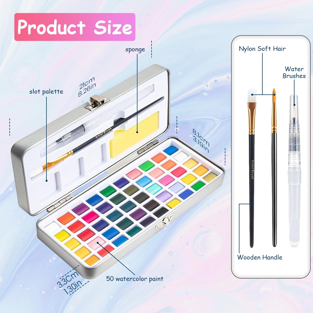 HASTHIP Solid 50-Color Watercolor Set, Professional & Beginners Paint Kit with Brush & Pen, Non-Toxic Pigment, Portable Metal Box, Ideal for Studio & Travel Artists