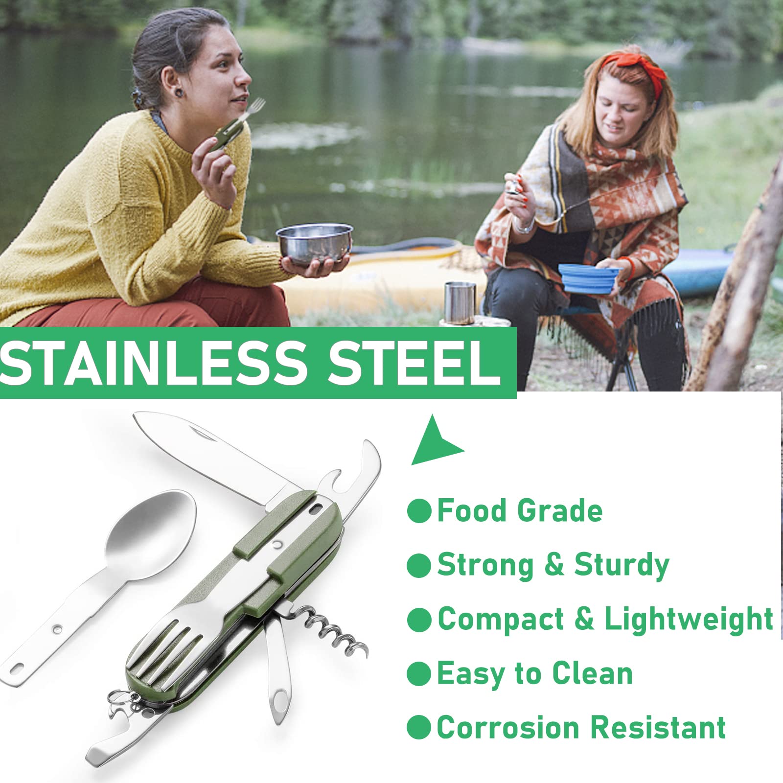 Proberos Plastic 7 In 1 Camping Cutlery For Camping Picnic Hiking Trekking, Outdoor Cutlery Picnic Tableware Combination, Detachable Spoon And Fork Folding Knife Cork Opener And Can Opener