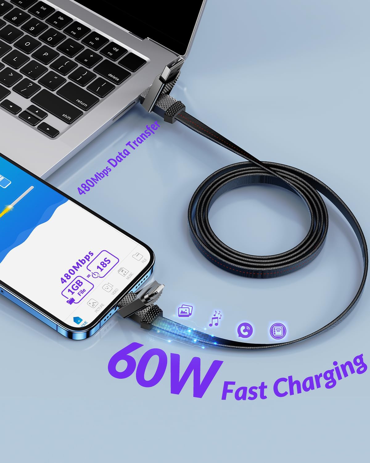 Verilux 4-in-1 USB Charging Cable 3.3Ft Multi-Port Cable Support PD Max 60W Fast Charging & Data Sync, Light-ning to Type C Cable, USB to Type C Cable, Type C to Type C, USB A to Light-ing Cable