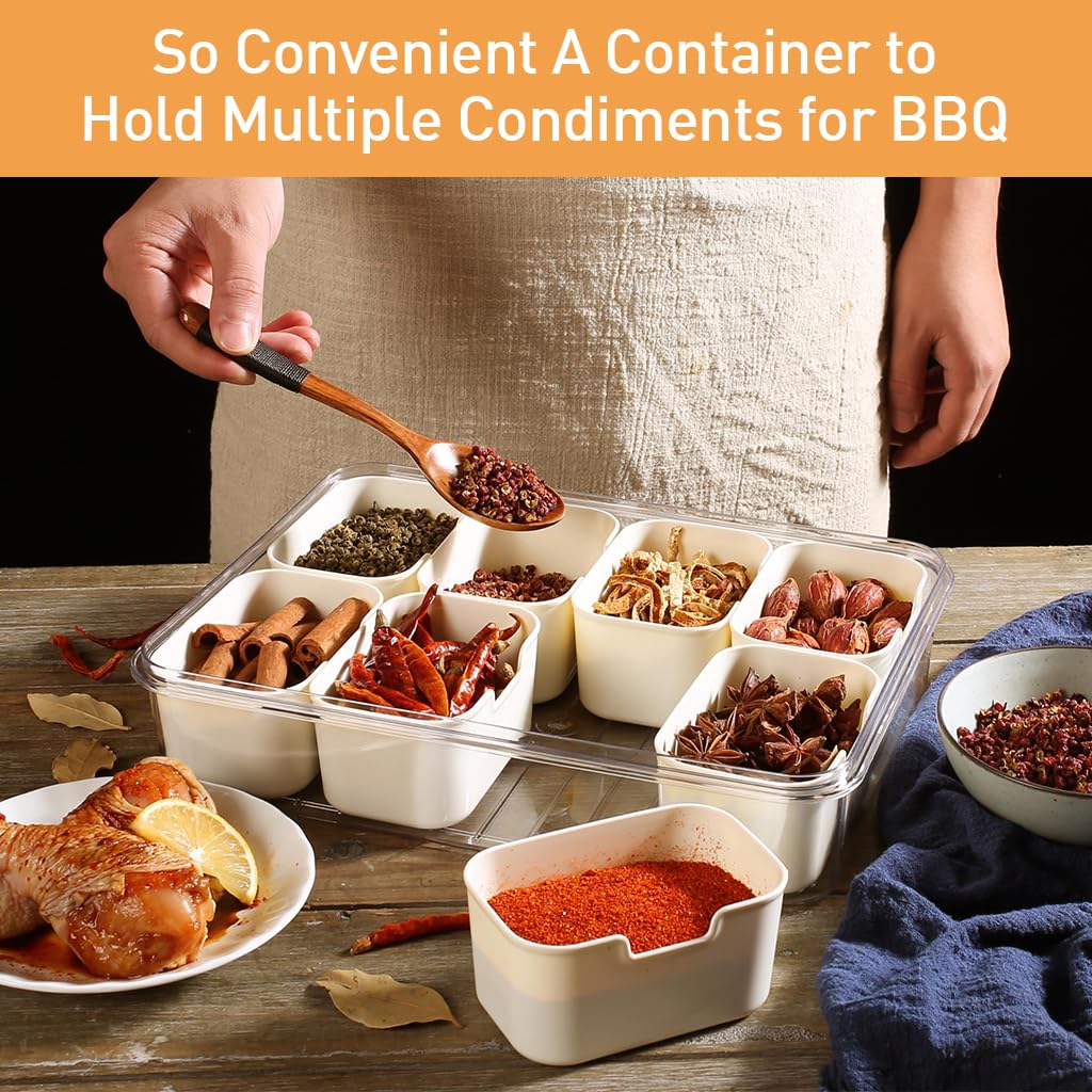 HASTHIP Kitchen Seasoning Powder Box Divided 8 Compartments Storage Box with Lid & Handle Transparent Seasoning Storage Box Food Grade PP Seasoning Powder Box Moisture-proof Kitchen Storage Box